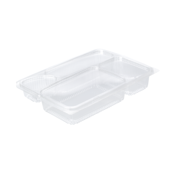 กล่องสำหรับใส่อาหารจานเดียว มี 3 ช่อง พลาสติกแบบบาง ขนาด 14.0×19.5×3.7 ซม. – กล่องข้าว 3 ช่อง