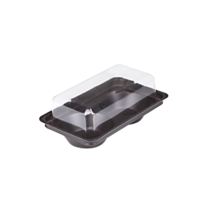 บรรจุภัณฑ์ถาดสีน้ำตาล 2 ช่อง และฝา เหมาะสำหรับใส่เบเกอรี่ และขนมต่าง ๆ ขนาด 6.6x12.0x5.0 ซม. - E115