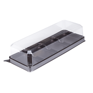 บรรจุภัณฑ์ถาดสีน้ำตาล 4 ช่อง และฝา เหมาะสำหรับใส่เบเกอรี่ และขนมต่าง ๆ ขนาด 6.0x18.1x4.1 ซม. - E120