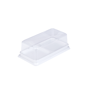 บรรจุภัณฑ์ถาดสีน้ำตาล 2 ช่อง และฝา เหมาะสำหรับใส่เบเกอรี่ และขนมต่าง ๆ ขนาด 5.0x11.0x3.5 ซม. - E123