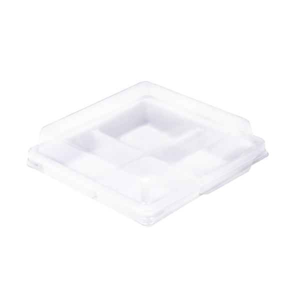 กล่องพับแบ่งหลุม มี 4 ช่อง สำหรับใส่ขนมต่างๆ 4 ชิ้น ขนาด 10.1×10.1×4.3 ซม. – E44