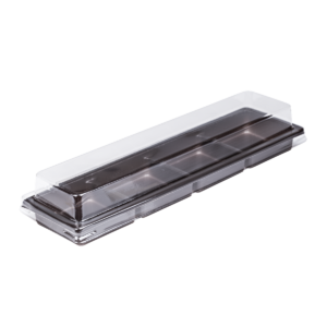 บรรจุภัณฑ์ถาดสีน้ำตาล 4 ช่องและฝา เหมาะสำหรับใส่เบเกอรี่ และขนมต่างๆ ขนาด 4.8x20.9x3.7 ซม. - E70